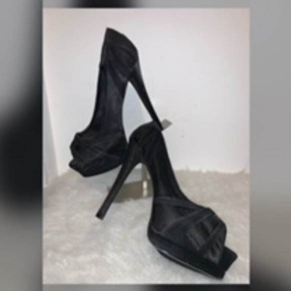 Qupid Shoes - Black Suede and Satin Stiletto Peep Toe